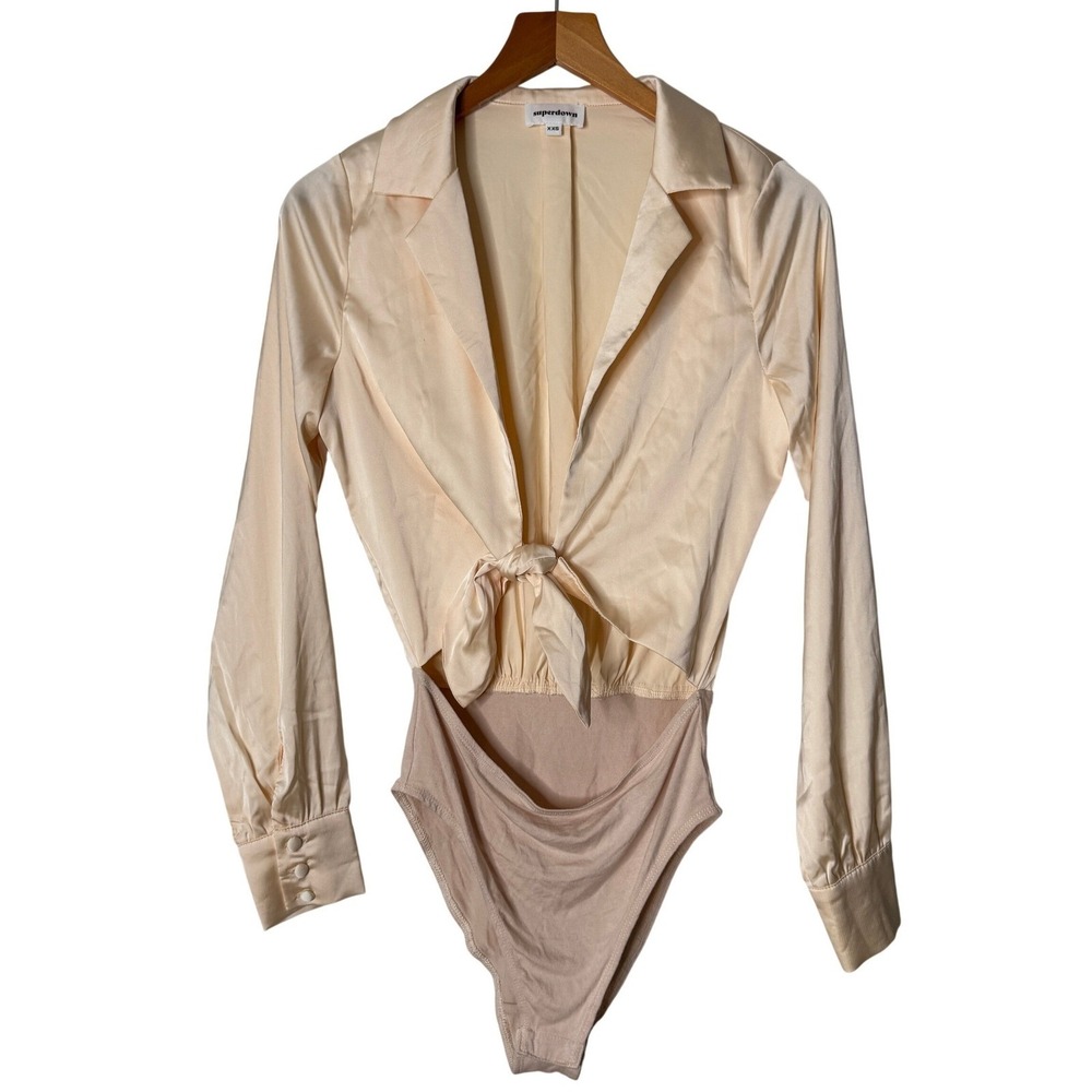 Revolve Superdown Satin Tie Front Collared Bodysuit‎ Long Sleeve Womens XXS